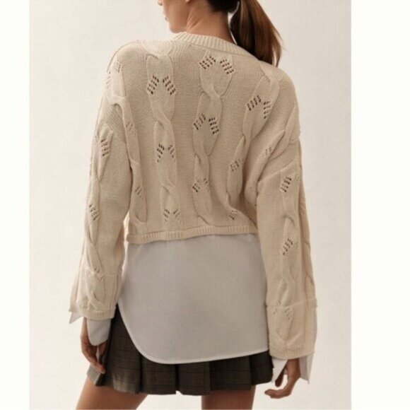 NWT Size XS (P2P 20.5") -Anthropologie 100% cotton cable knit twofer Sweater - Picture 4 of 8